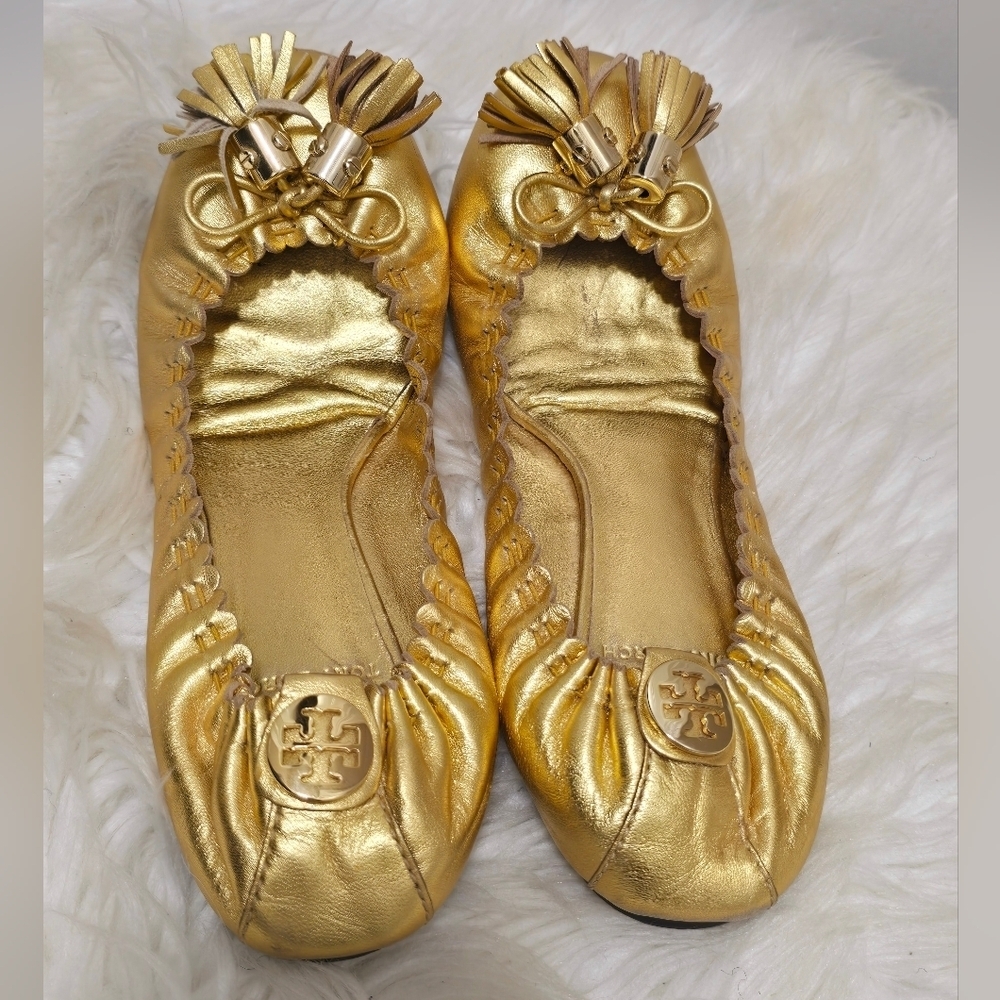Tory Burch Gold Reese Tassel Leather BalletFlats🌴✌️ - Picture 2 of 9